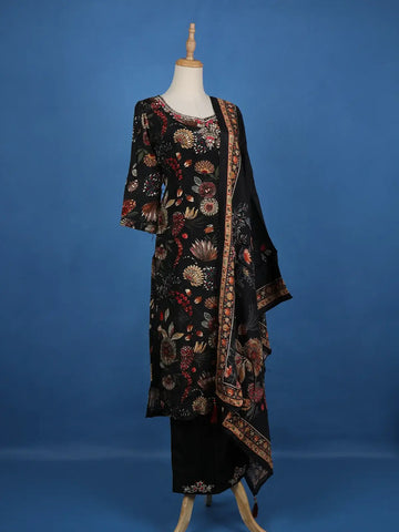 Black Floral Designed Semi Silk Salwar Suit - Diadem