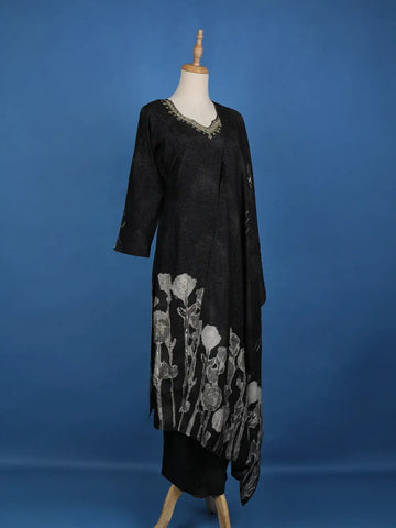 Black Floral Designed Semi Silk Salwar Suit - Diadem