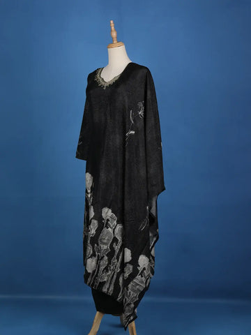 Black Floral Designed Semi Silk Salwar Suit - Diadem