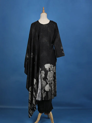 Black Floral Designed Semi Silk Salwar Suit - Diadem