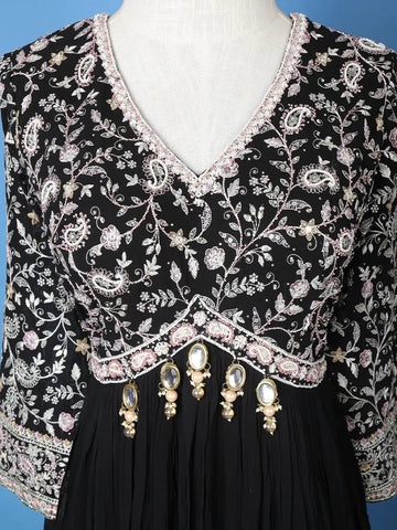 Black Floral Embroidered Bead Work Georgette Gown - Diadem