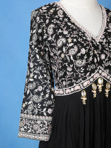 Black Floral Embroidered Bead Work Georgette Gown - Diadem