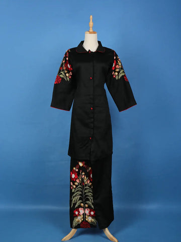 Black Floral Embroidered Cotton Salwar Suit - Diadem