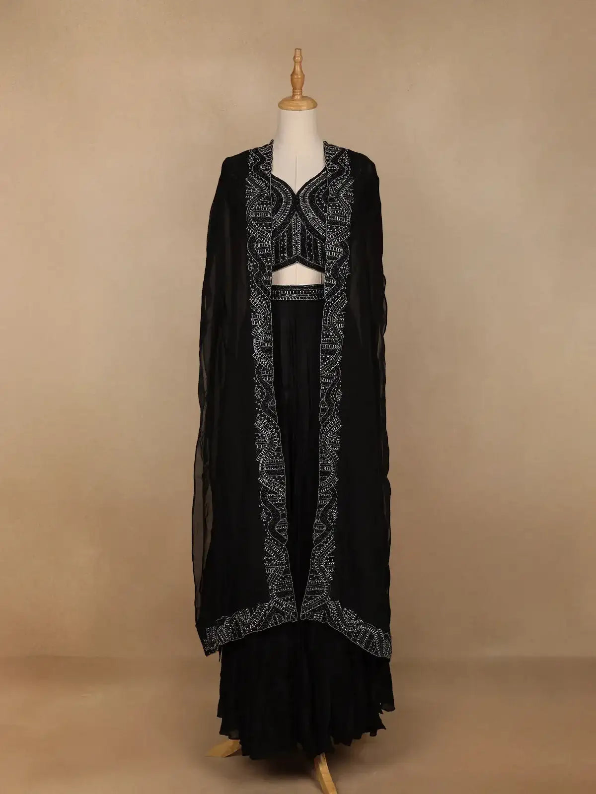 Black Floral Embroidered Crepe Bridesmaids Lehenga - Diadem