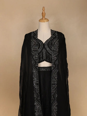 Black Floral Embroidered Crepe Bridesmaids Lehenga - Diadem