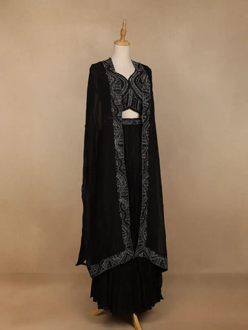 Black Floral Embroidered Crepe Bridesmaids Lehenga - Diadem