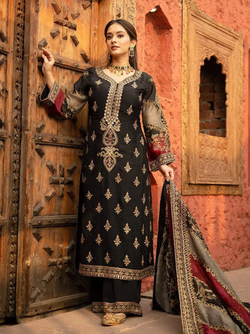 Black Floral Embroidered Crepe Palazzo Salwar Suit - Diadem