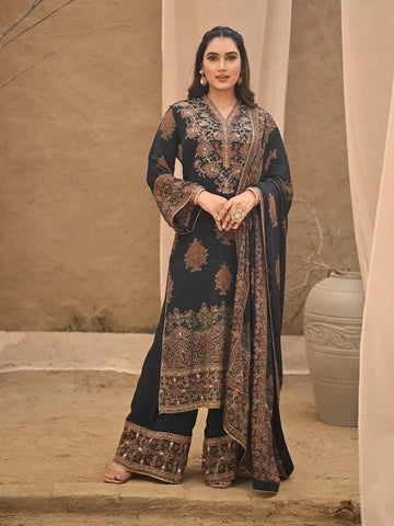 Black Floral Embroidered Crepe Palazzo Salwar Suit for Girls - Diadem
