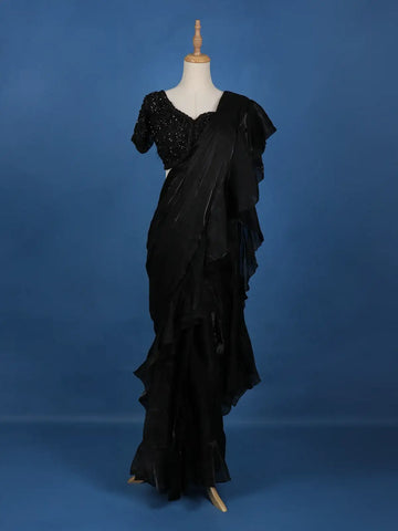 Black Floral Embroidery Organza Ready To Wear Saree with Designer Blouse - Diadem