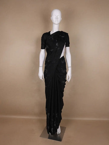 Black Solid Design Stone Worked Satin Fancy Saree - Diadem
