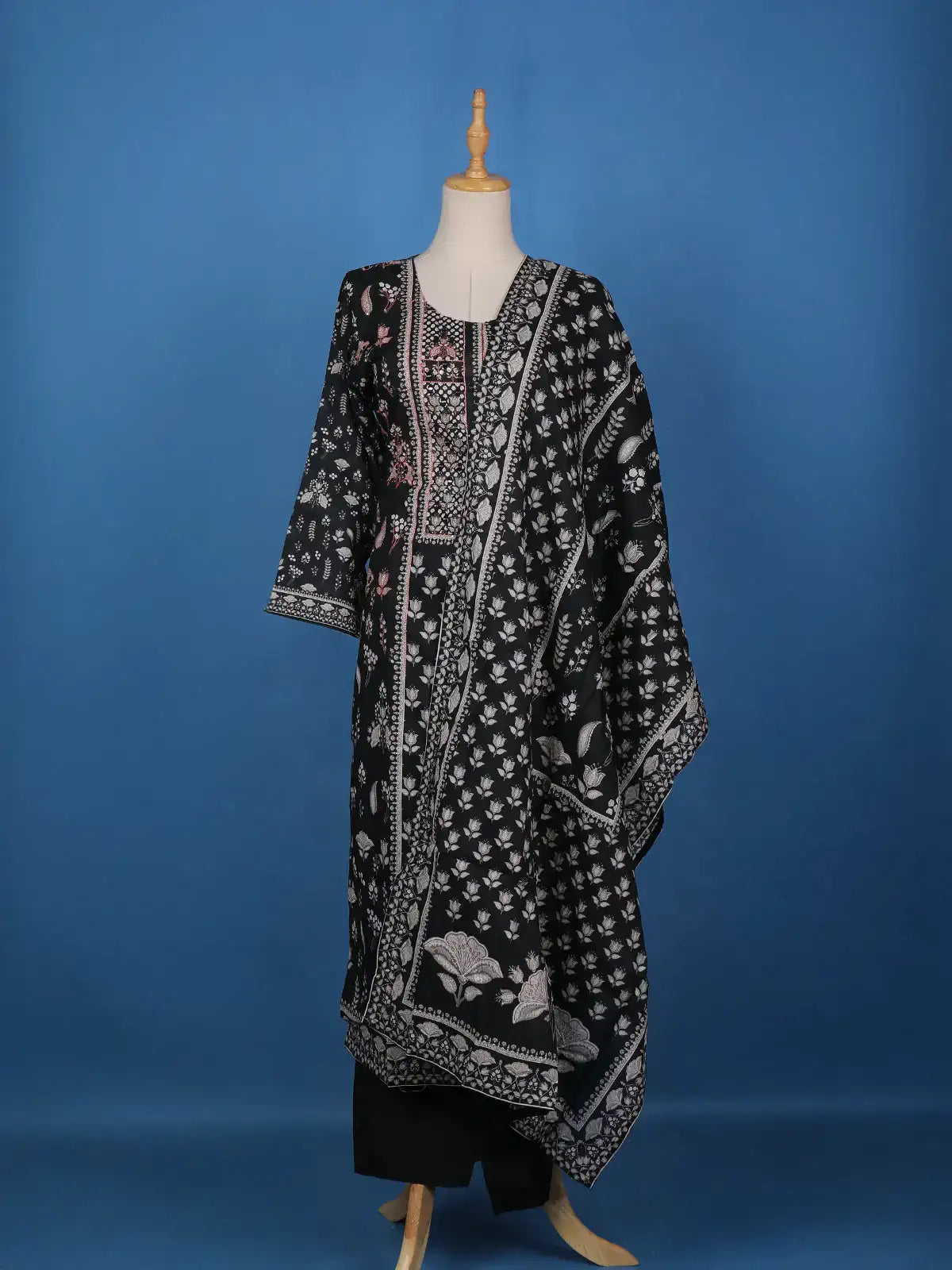 Black Floral Printed Cotton Salwar Suit - Diadem