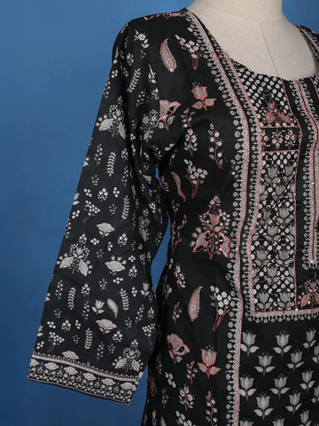 Black Floral Printed Cotton Salwar Suit - Diadem
