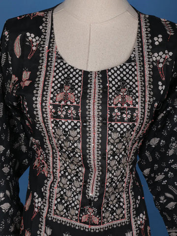 Black Floral Printed Cotton Salwar Suit - Diadem
