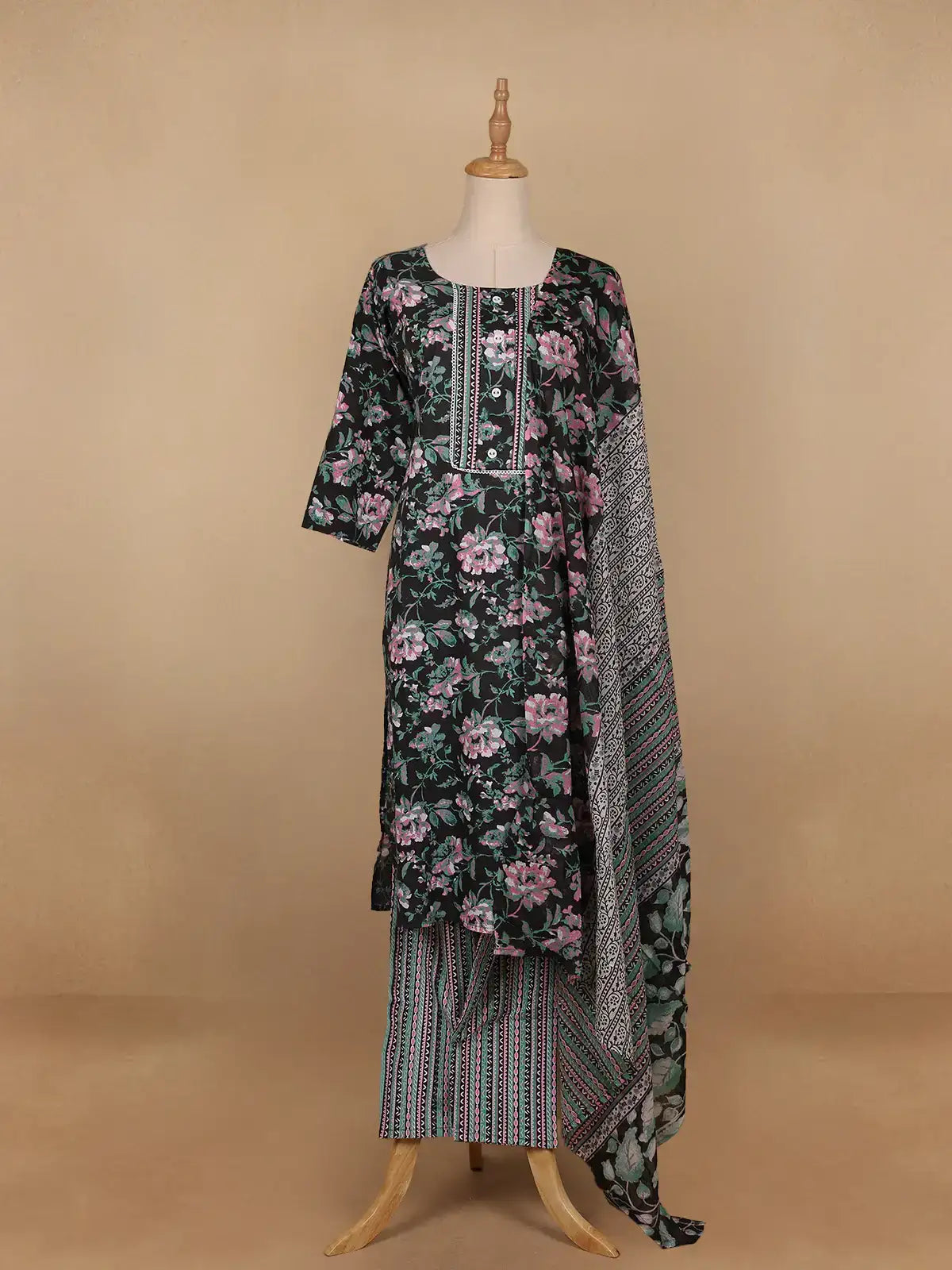 Black Floral Printed Cotton Salwar Suit - Diadem