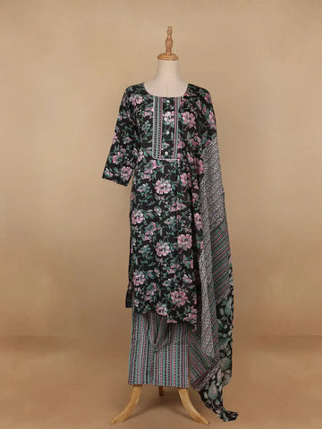 Black Floral Printed Cotton Salwar Suit - Diadem