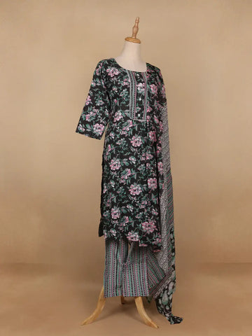 Black Floral Printed Cotton Salwar Suit - Diadem