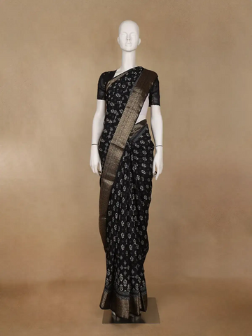 Black Floral Printed Cotton Saree - Diadem