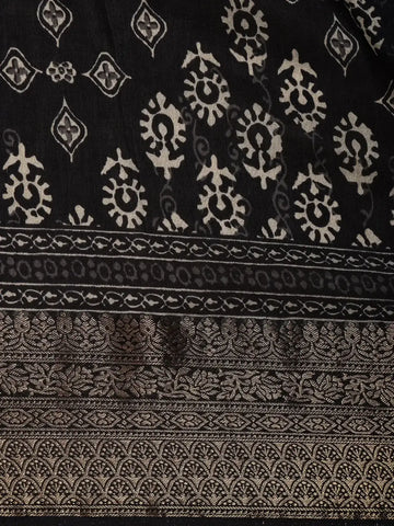 Black Floral Printed Cotton Saree - Diadem