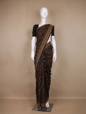 Black Floral Printed Kantha Work Chanderi Cotton Saree - Diadem
