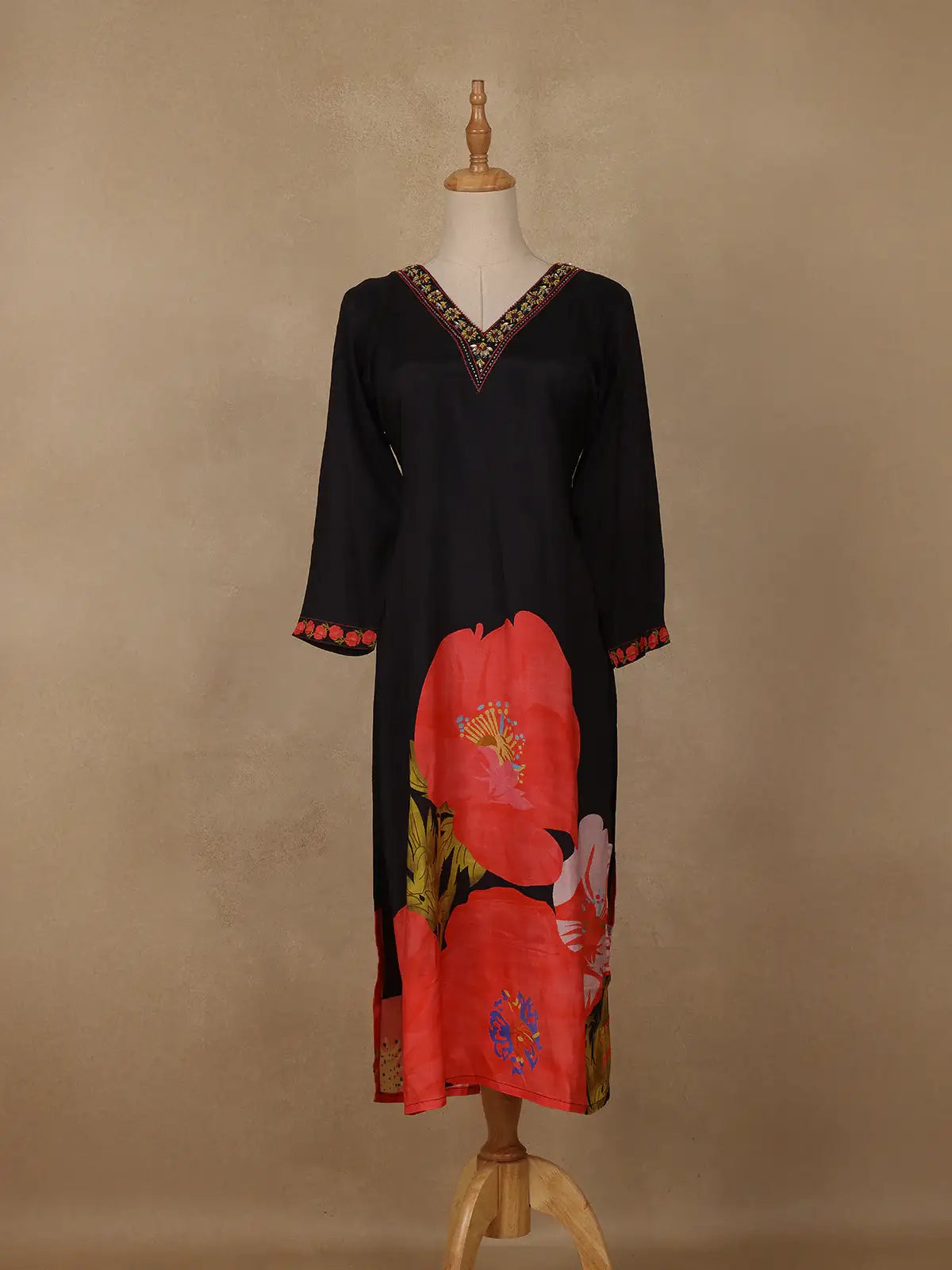 Black Floral Printed Rayon Kurti - Diadem