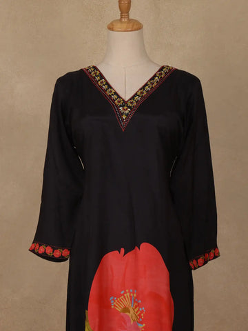 Black Floral Printed Rayon Kurti - Diadem