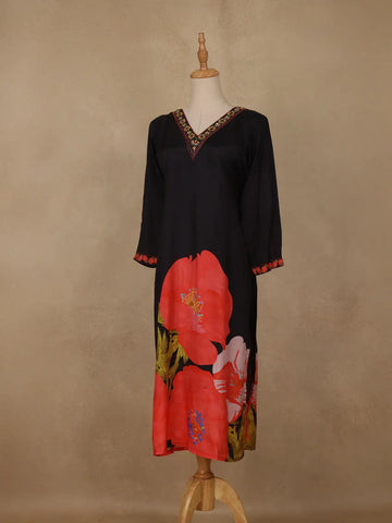 Black Floral Printed Rayon Kurti - Diadem