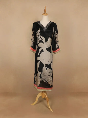 Black Floral Printed Semi Silk Kurti - Diadem