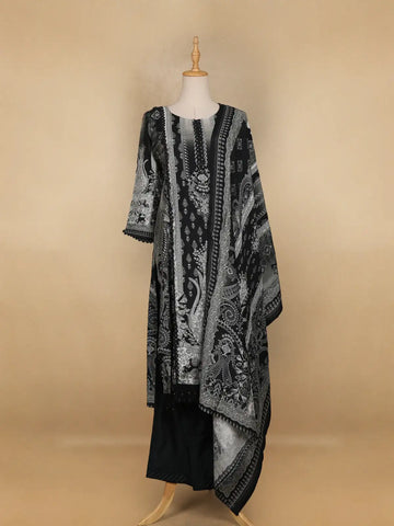 Black Floral Printed Semi Silk Salwar Suit - Diadem