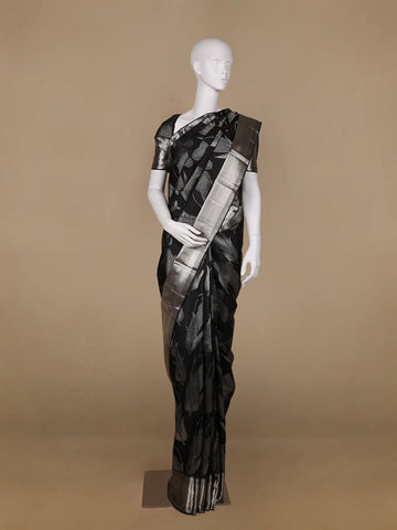 Black Floral Woven Pure Kanchipuram Silk Saree - Diadem
