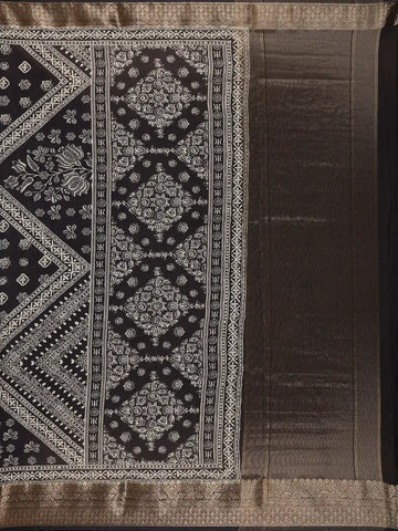 Black Floral Printed Cotton Saree - Diadem