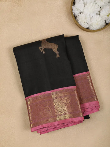 Black Golden Deer Motif Pure Kanchipuram Silk Saree - Diadem