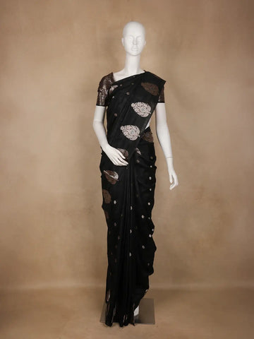 Black Leaf Motif Woven Banarasi Silk Saree - Diadem