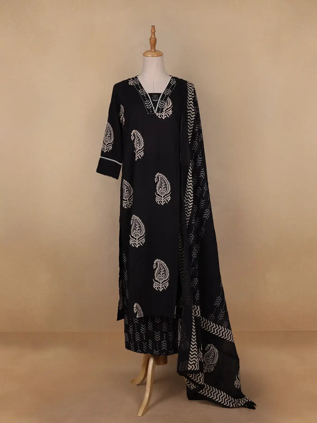 Black Paisley Designed Cotton Salwar Suit - Diadem