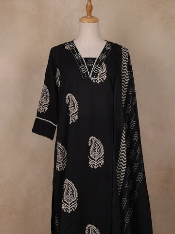 Black Paisley Designed Cotton Salwar Suit - Diadem