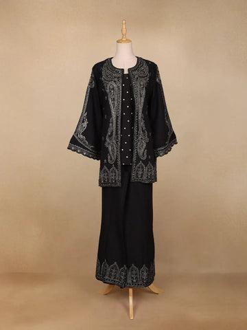 Black Paisley Embroidered Silk Palazzo Salwar Suit - Diadem