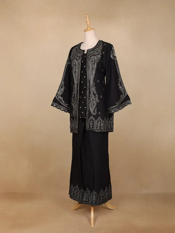 Black Paisley Embroidered Silk Palazzo Salwar Suit - Diadem