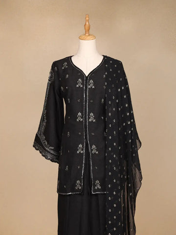 Black Raw Silk Palazzo Suit with Floral Embroidery Design - Diadem