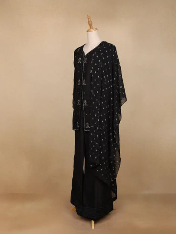 Black Raw Silk Palazzo Suit with Floral Embroidery Design - Diadem