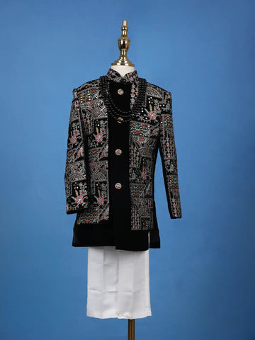 Black Floral Embroidery Satin Sherwani And Pant Set - Diadem