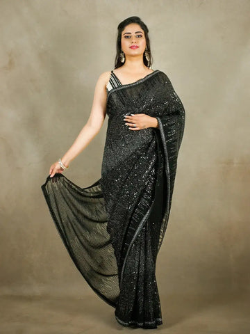 Black Sequin Worked Georgette Designer Saree - Diadem