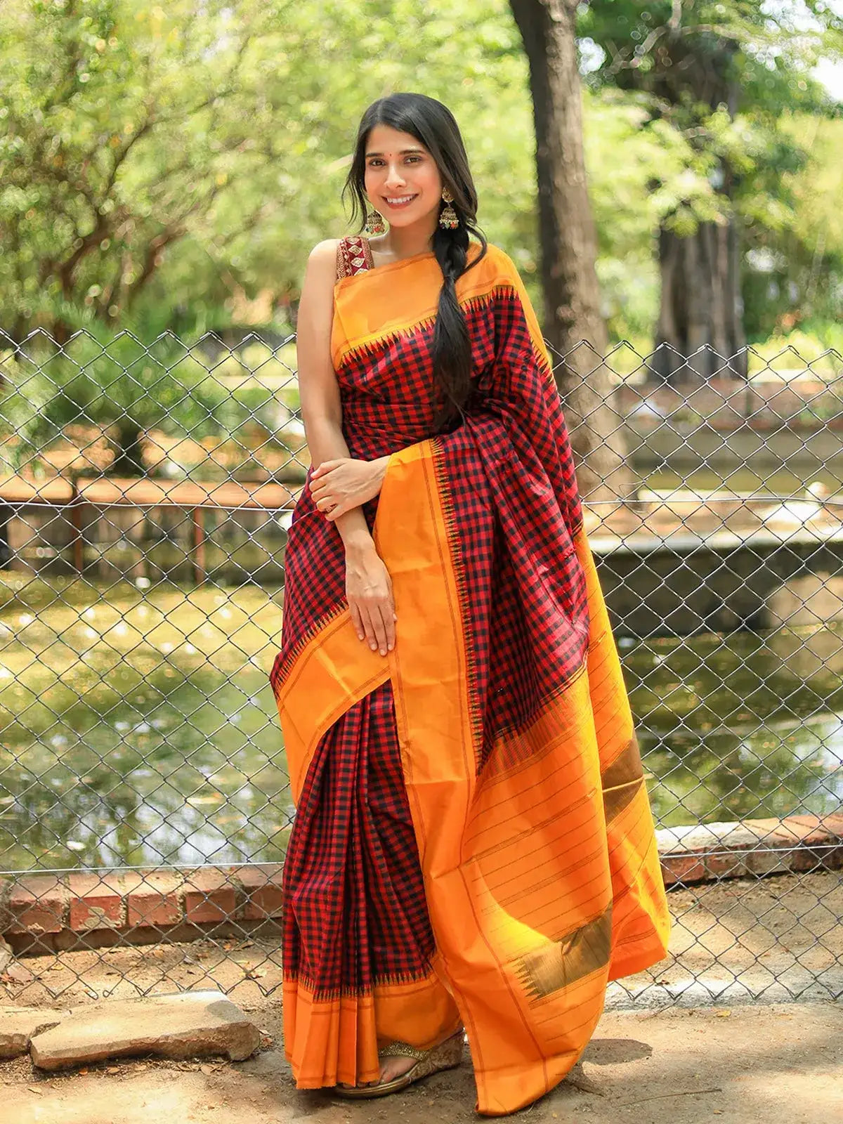 Black and Red Checkered Design Pure Kanchipuram Silk Saree - Diadem
