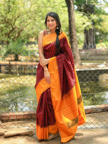 Black and Red Checkered Design Pure Kanchipuram Silk Saree - Diadem