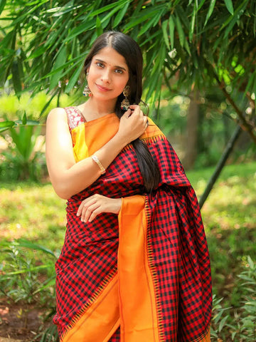 Black and Red Checkered Design Pure Kanchipuram Silk Saree - Diadem