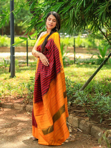 Black and Red Checkered Design Pure Kanchipuram Silk Saree - Diadem
