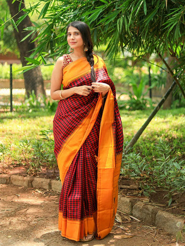 Black and Red Checkered Design Pure Kanchipuram Silk Saree - Diadem