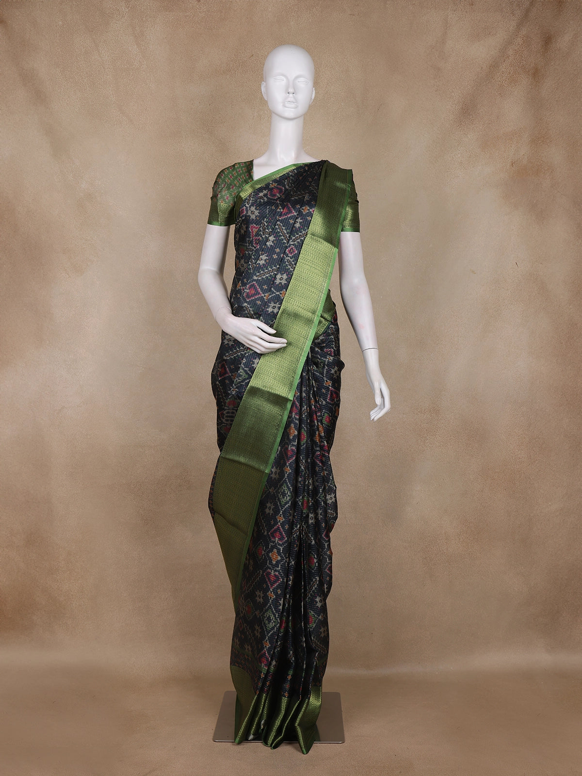 Black and Green Ikat Woven Design Cotton Fancy Saree with Zari Border