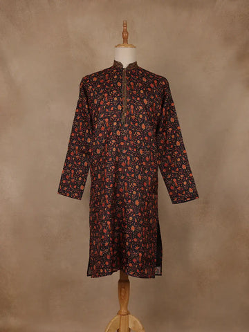 Black Floral Printed Cotton Kurta for Men - Diadem
