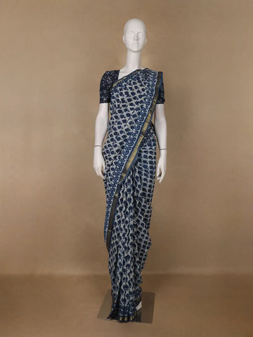 Blue Abstrack Printed Cotton Saree - Diadem