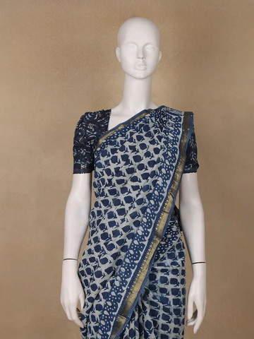 Blue Abstrack Printed Cotton Saree - Diadem