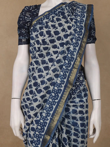 Blue Abstrack Printed Cotton Saree - Diadem
